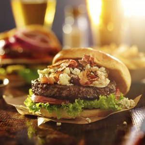 gourmet hamburger with bleu cheese and bacon